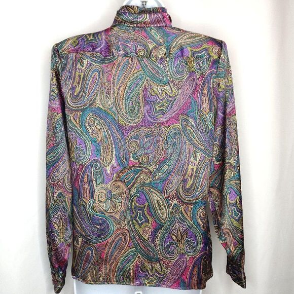Vintage Tess Paisley Secretary Blouse Sz 4P Purple Teal Gold Shoulder Pads - Picture 5 of 7
